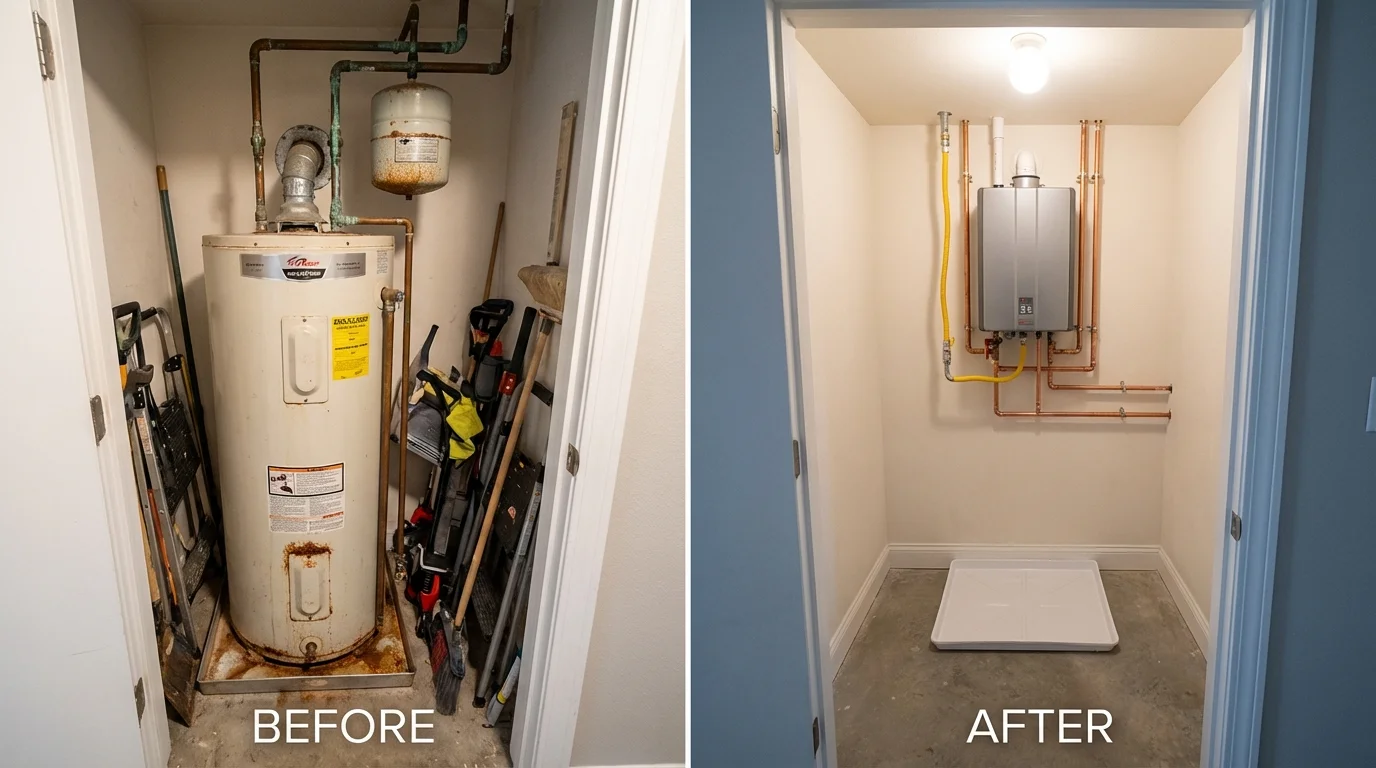 Tank water heater versus wall-mounted tankless unit comparison for New Sharon, ME homeowners
