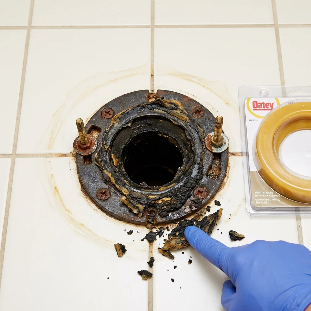 Failed wax ring showing water seepage at the base of a toilet in a New Sharon, ME home