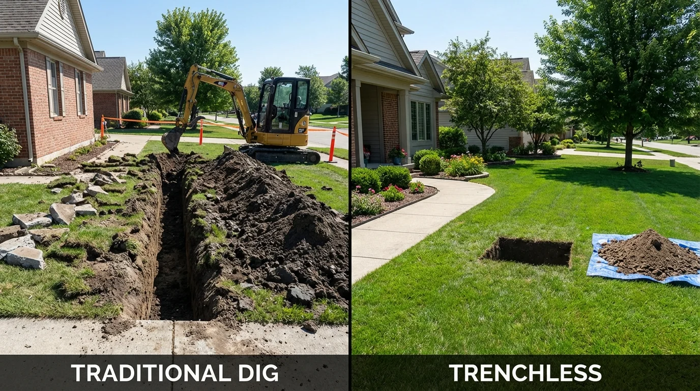 Trenchless sewer repair with minimal yard damage versus traditional excavation in New Sharon, ME