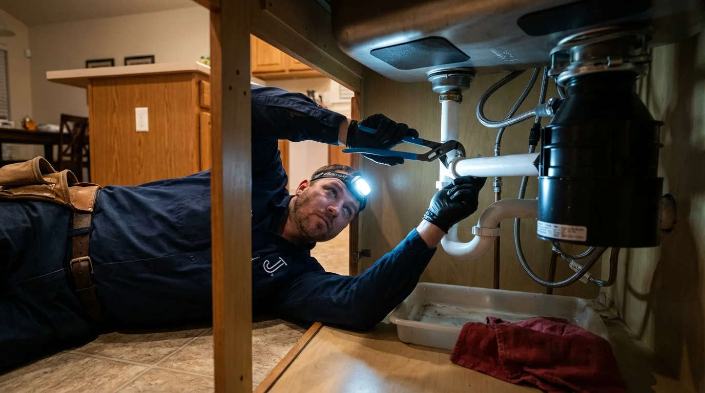 P-trap and supply line connections under a kitchen sink showing a common leak point in New Sharon, ME